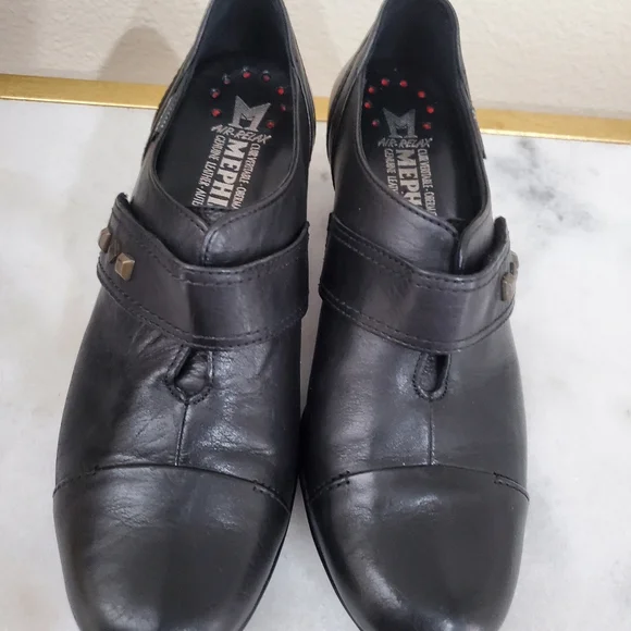 Mephisto Black Leather Round Toe Chunky Heel Velcro Strap Women's Shoe 5 1/2 8 - Picture 3 of 15